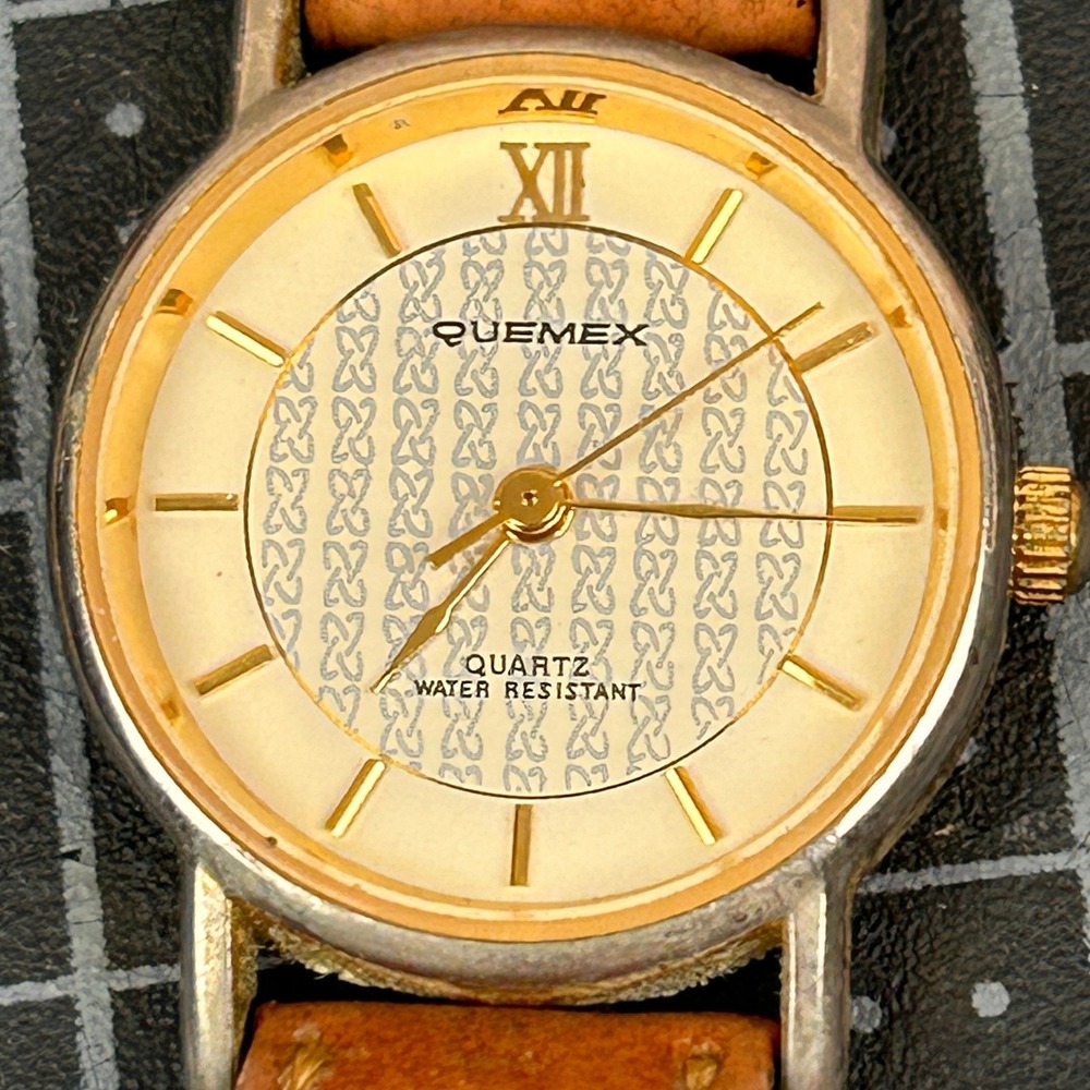 Quemex Quartz‎ Watch Gold Tone Patterned Dial Tan Pigskin Leather Strap 25mm
